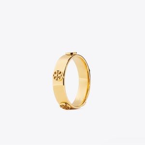 Tory Burch Miller stud ring, 18k gold-plated stainless steel. Dotted double T.